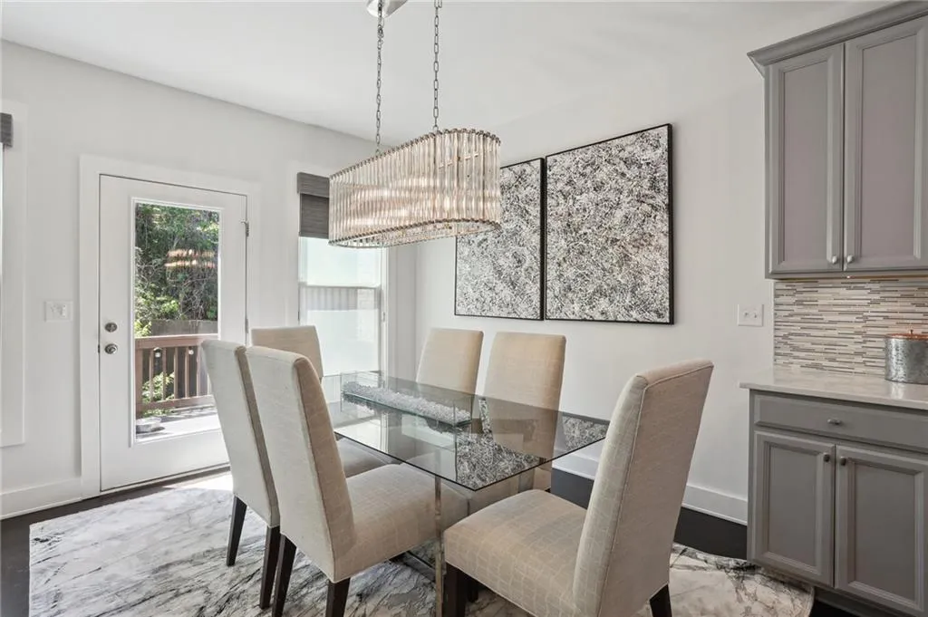 Dining space with a stunning chandelier