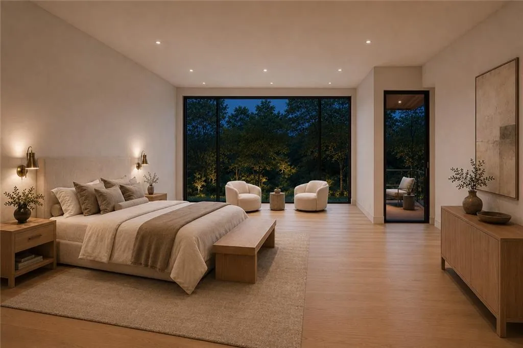 Spacious room featuring a full-height window wall, light wood-finish flooring, recessed ceiling lighting, and a door opening to an exterior balcony