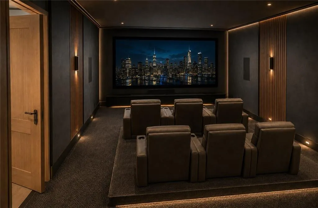 Dedicated home theater featuring a large projection screen, tiered seating, recessed ceiling lights, wall sconces, and accent lighting