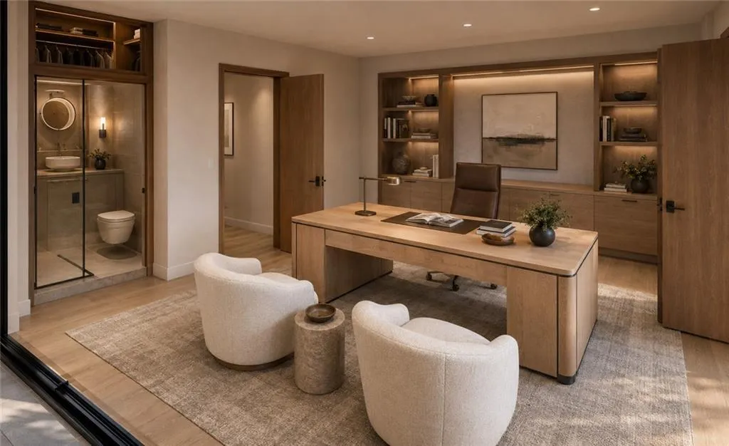 Dedicated workspace featuring built-in wood cabinetry and shelving with integrated lighting
