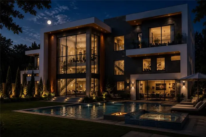 Contemporary residence featuring a multi-story glass facade, a swimming pool, a hot tub with mosaic tile, a fire pit, and extensive exterior lighting