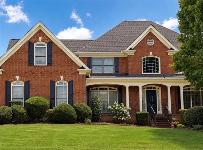 Brick exterior with gabled roof lines