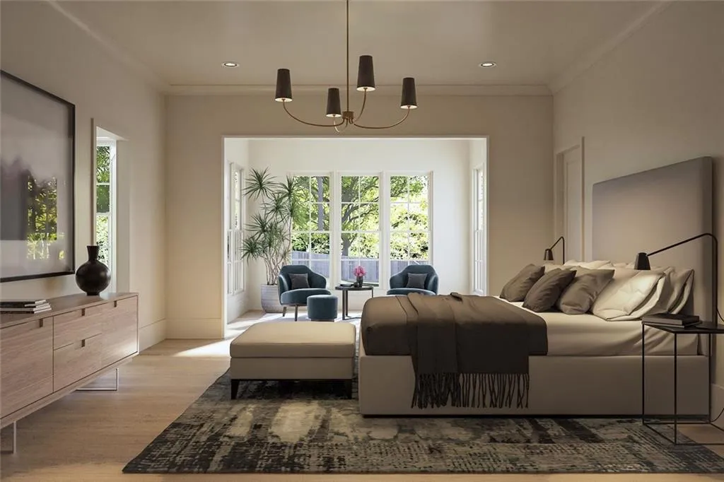 Bedroom with crown molding, light wood-type flooring, and suspended lighting