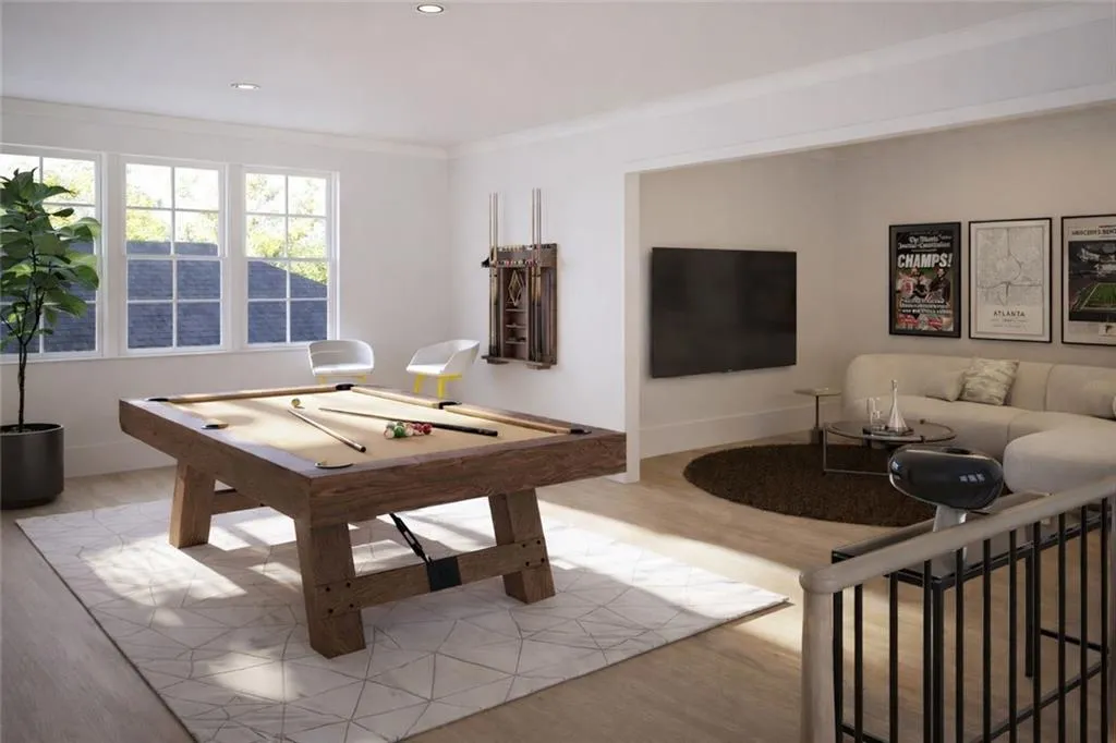 Rec room featuring light wood-style floors, ornamental molding, recessed lighting, and billiards table