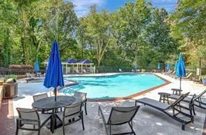 Community pool featuring a patio area and view of wooded area