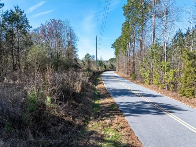 View of asphalt street featuring a wooded view