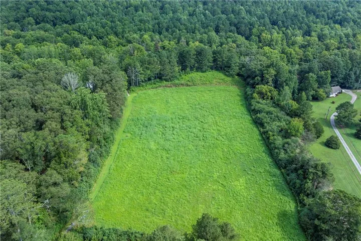 Expansive green acreage framed by mature trees, featuring a clear property boundary