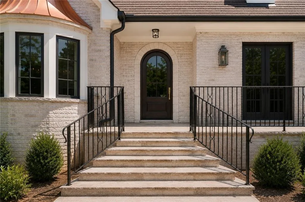 Beautiful front entrance to the home trimmed with iron railing