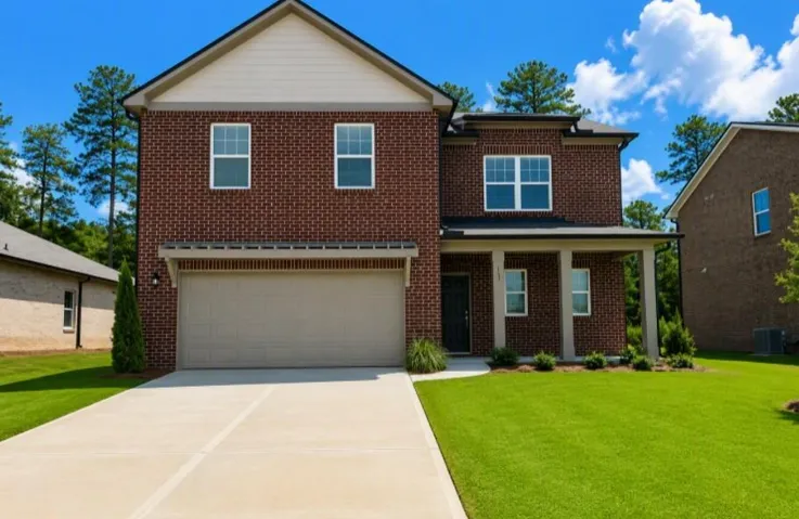 Brick Colonial two-story home featuring a two-car garage, manicured front lawn with mature landscaping, and a covered front entry