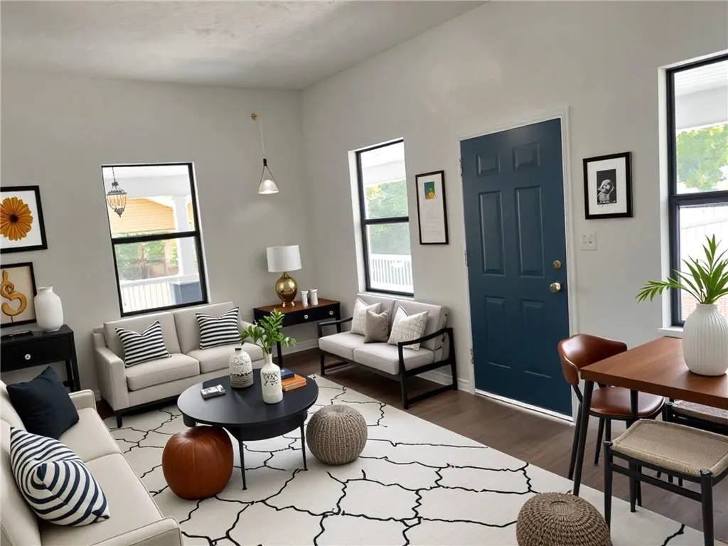 Living room with dark wood-style floors and baseboards
