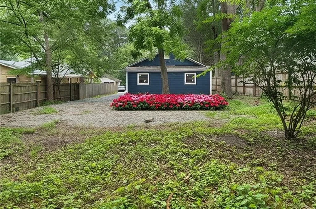 View of outbuilding featuring a fenced backyard and gravel driveway