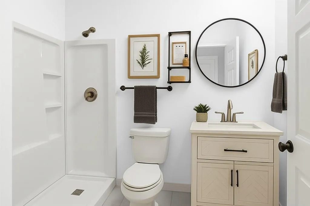 Full bathroom with vanity, a stall shower, and light tile patterned floors
