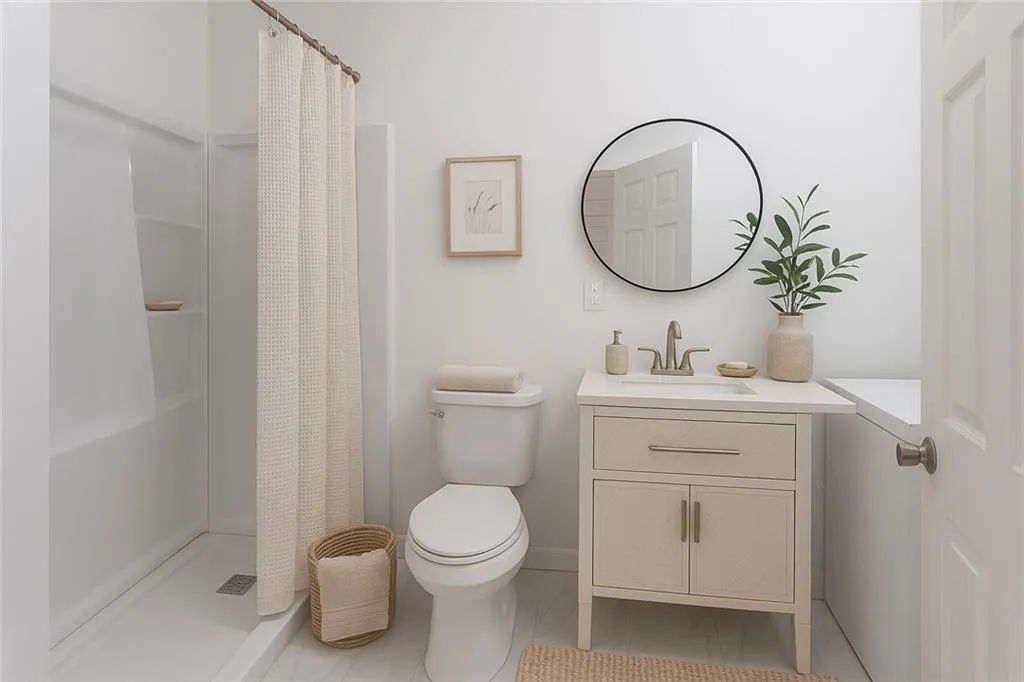 Bathroom featuring a stall shower and vanity
