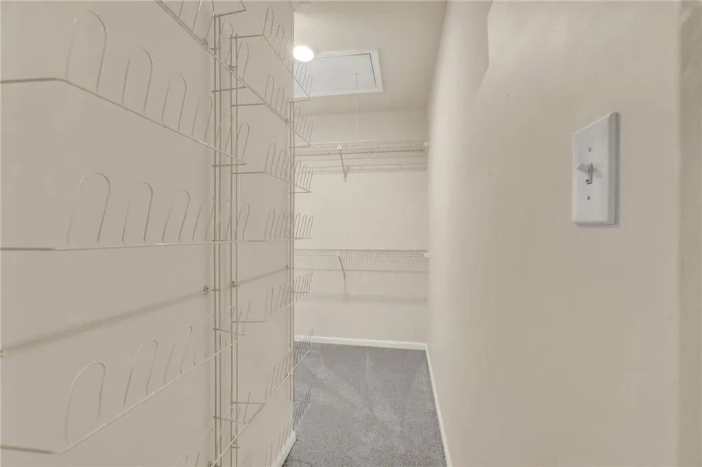 Walk-in closet featuring wire shelving, built-in shoe racks, and light-colored carpeting