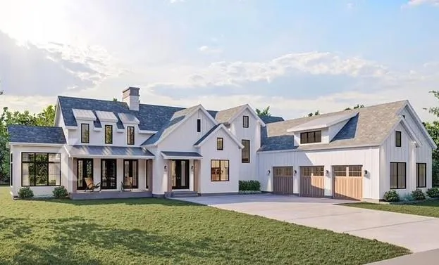 Modern farmhouse architecture featuring white vertical siding, black-framed windows, a covered front porch, a multi-gabled roof, and a three-car garage with wood-panel doors