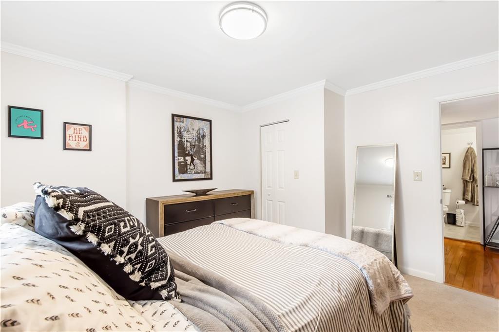 Bedroom featuring carpet floors, a closet, and crown molding