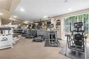 Fitness room with carpet flooring, track lighting, and a sliding glass door