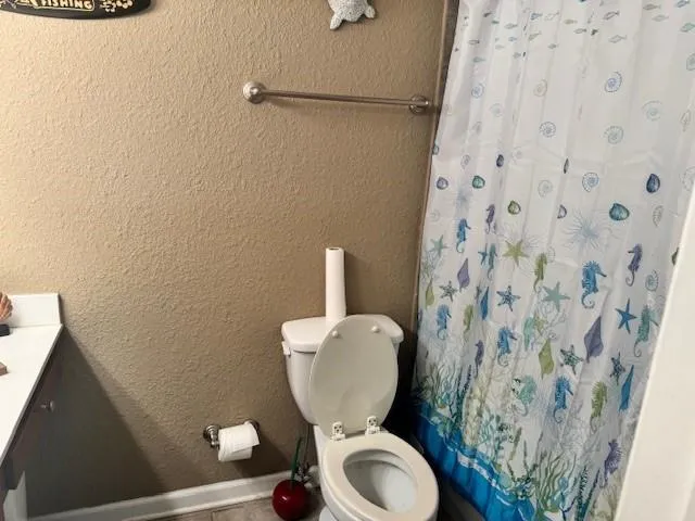 Full bathroom featuring a shower with curtain and vanity
