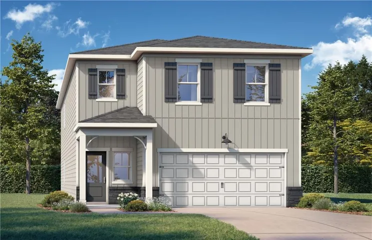 Two-story exterior with vertical siding, decorative shutters, an attached garage, and a covered entry