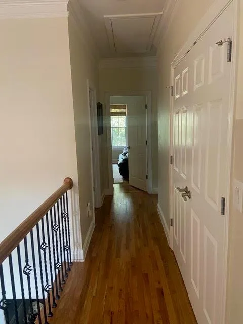 Corridor with crown molding and dark wood-type flooring