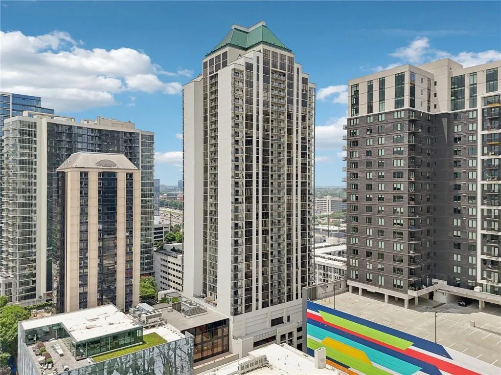View of building exterior featuring a view of city