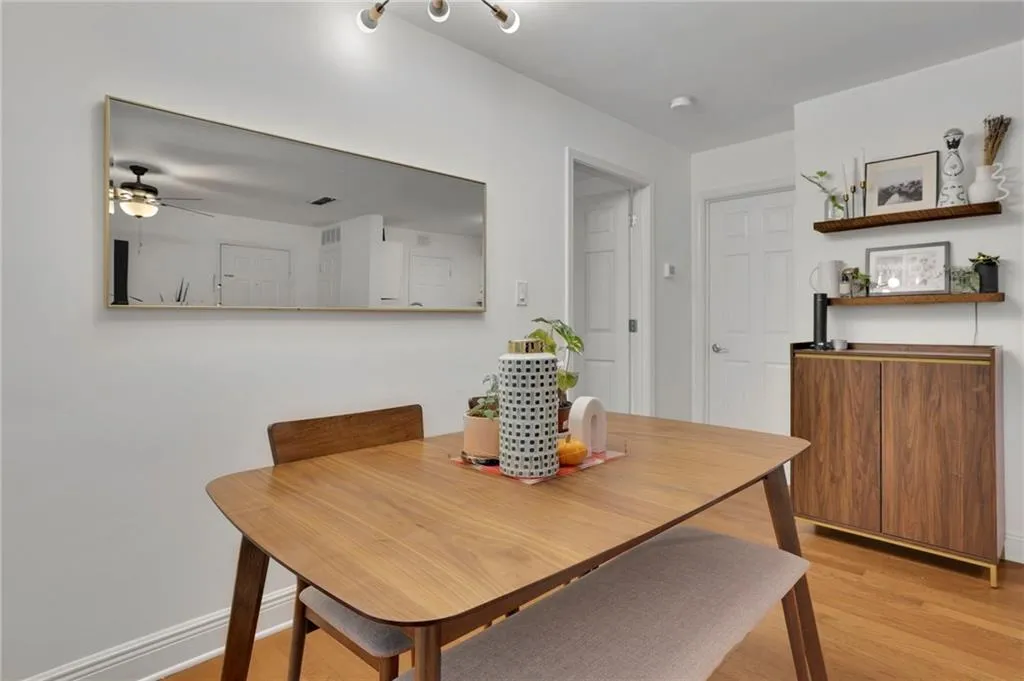Dining space featuring light hardwood / wood-style floors and ceiling fan