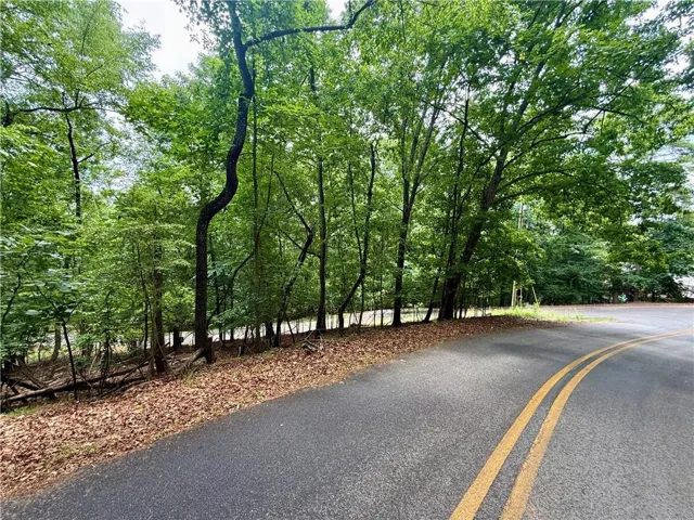 Roadside lot featuring mature deciduous trees and a natural, wooded slope