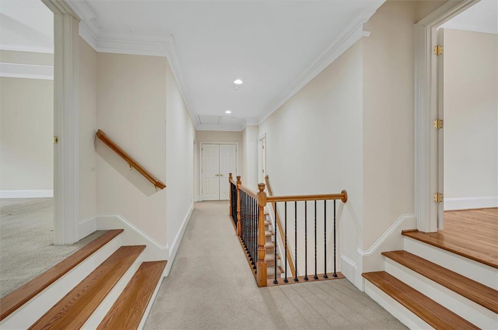 Staircase with light carpet and ornamental molding
