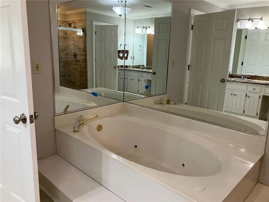 Bathroom with crown molding, separate shower and tub, and large vanity