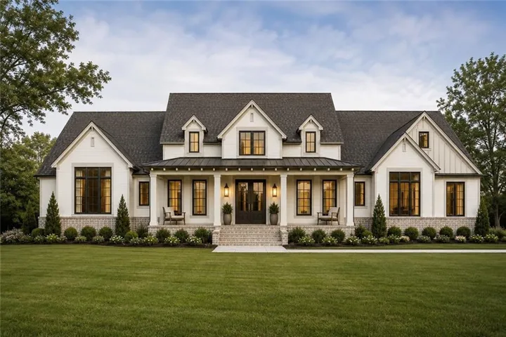Modern farmhouse exterior with white siding, dark framed windows, stone accents, a covered front porch, and dormer windows