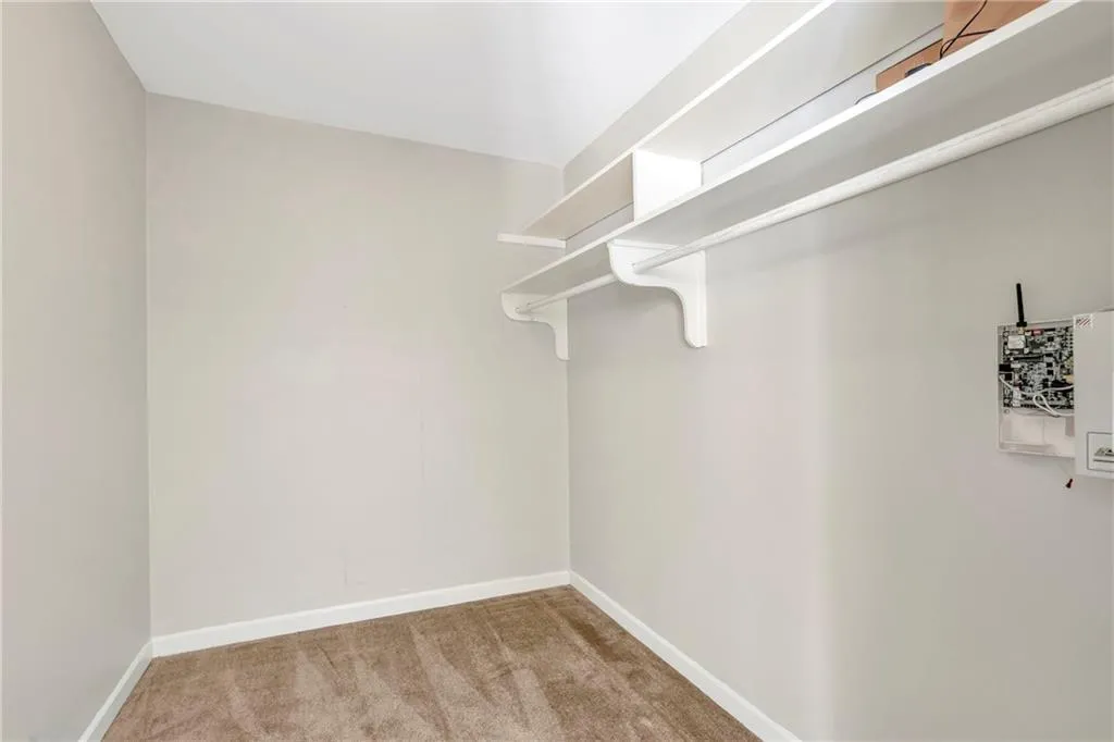 Walk in closet with light colored carpet