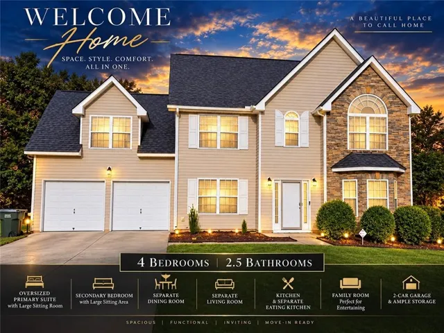 Property Listing Advertisement. Showcasing the property's exterior, bedroom count, bathroom count, and various interior features