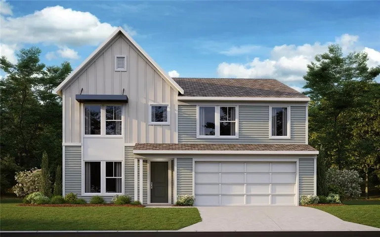 Two-story residence featuring a gray shingle roof, light blue horizontal siding, and white board and batten accents