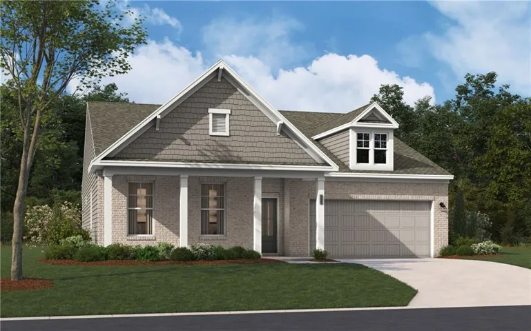 Light brick exterior featuring a covered porch with square columns, a dormer window, and a gray paneled garage door
