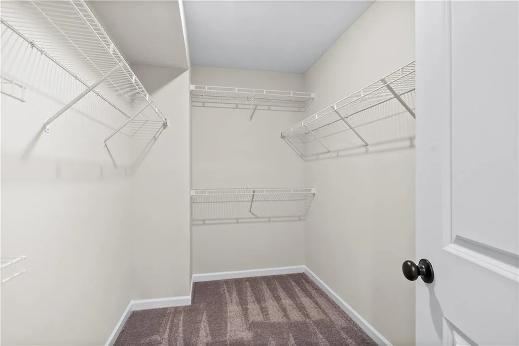 Walk in closet featuring dark colored carpet