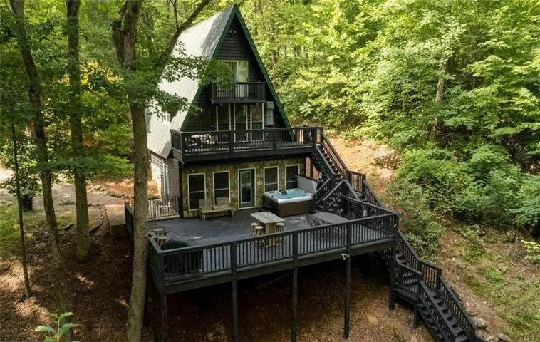 A-frame structure with a metal roof and multiple balconies