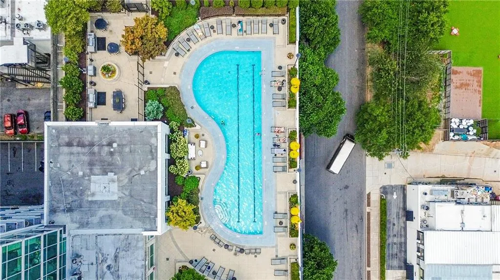 Drone / aerial view of a pool
