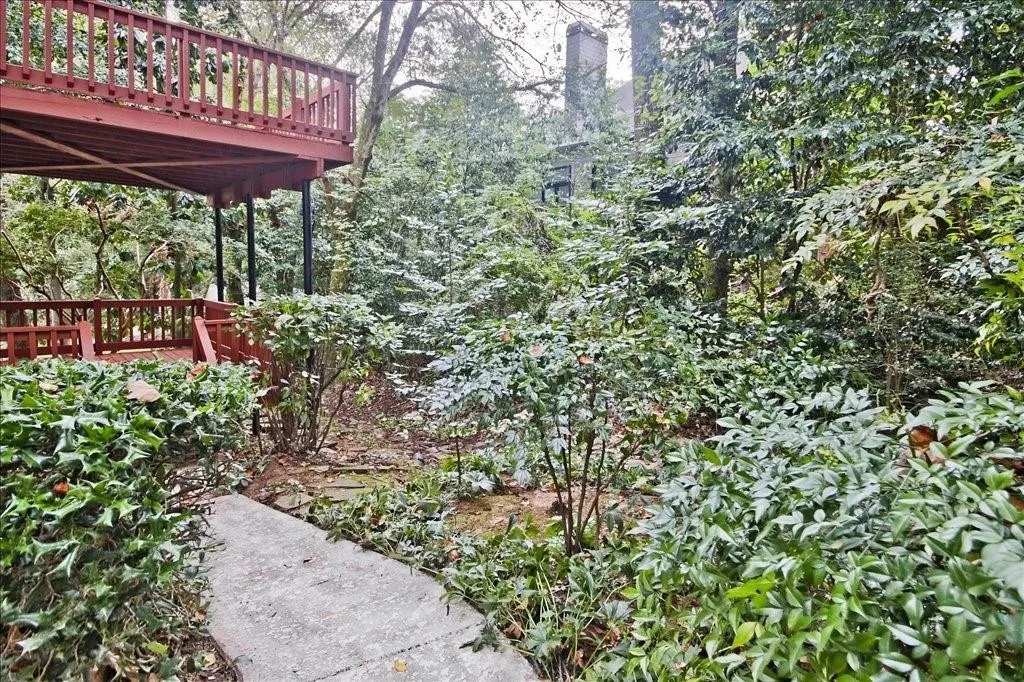 View of yard with a deck and a view of trees