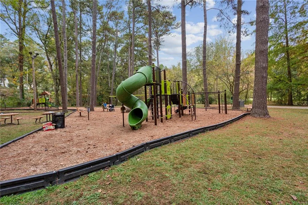 Community jungle gym with a lawn