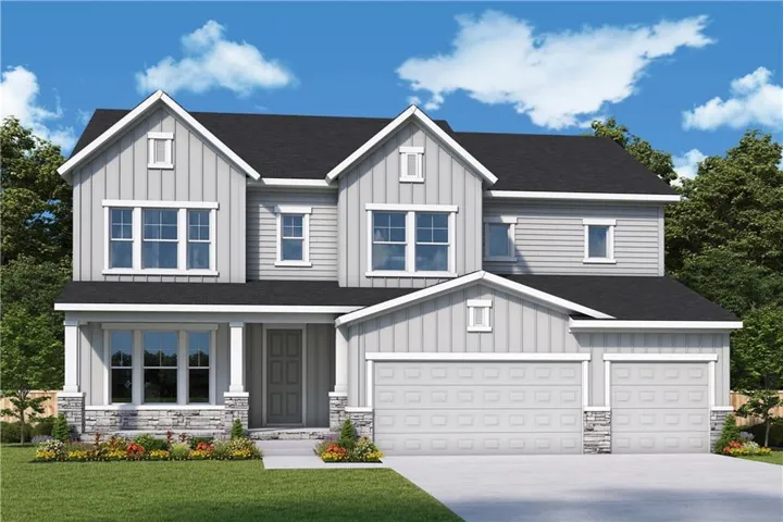 Gabled rooflines, stone facade accents, two-car garage, covered porch, and mature trees framing the property