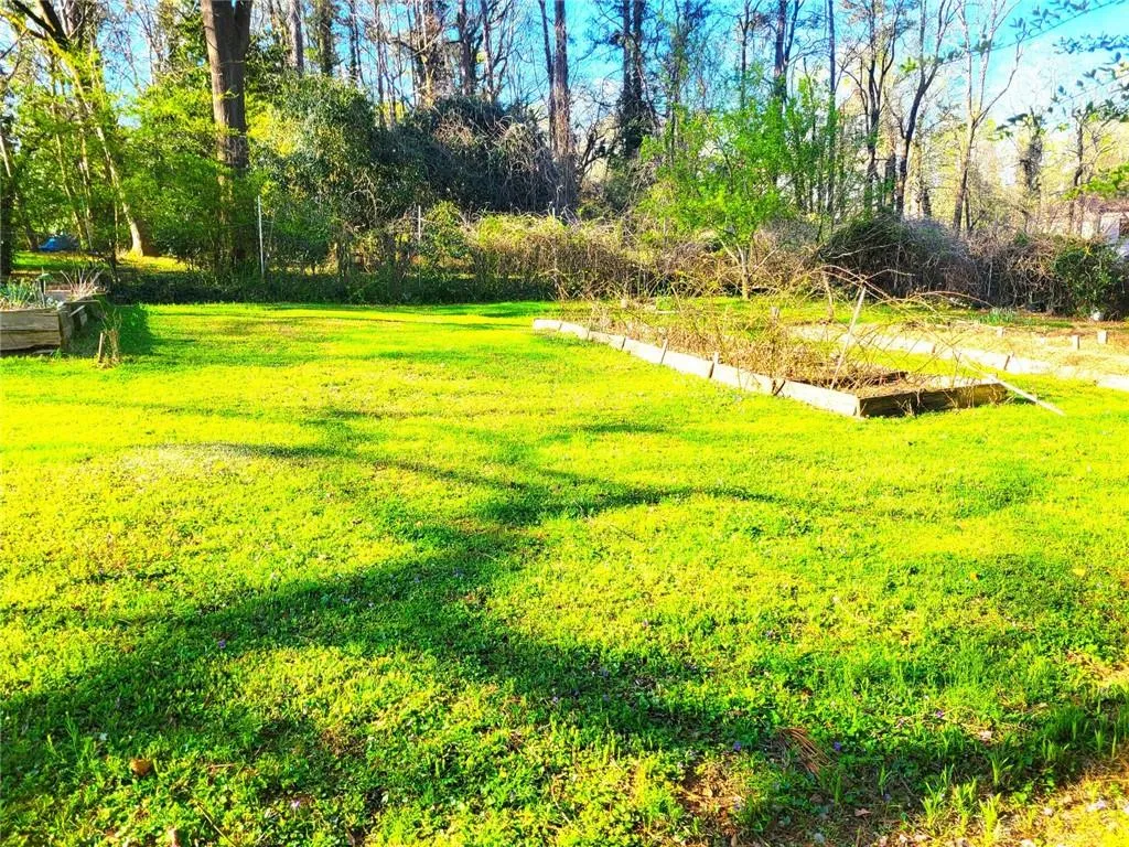View of green lawn featuring a vegetable garden and view of scattered trees
