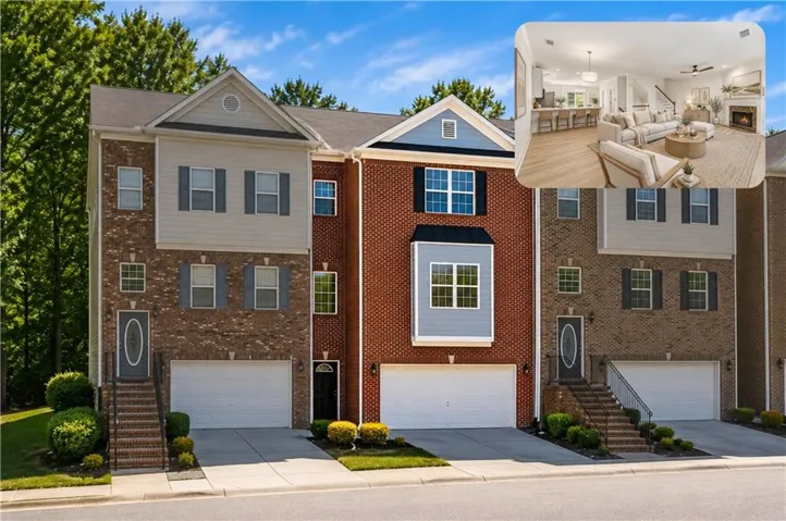 Brick facade with siding accents, attached garage, and prominent front entry