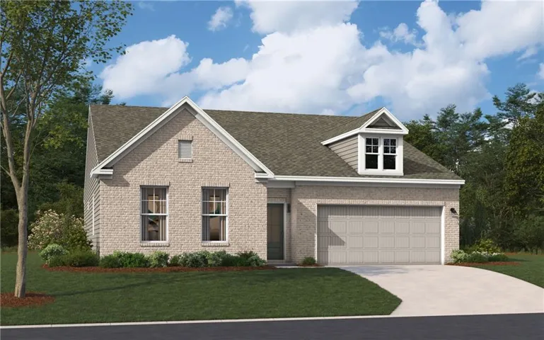 Light brick exterior with a prominent dormer window and a two-car garage