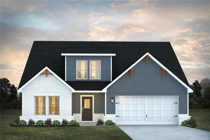 Exterior featuring white brick, blue horizontal siding, dark asphalt shingle roof, white trim, and an attached two-car garage