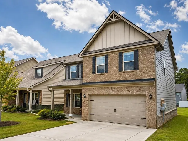 Brick and siding exterior with a two-car garage