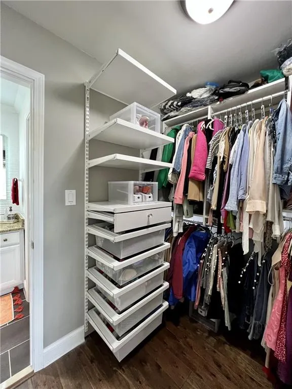 Spacious closet featuring dark hardwood / wood-style floors
