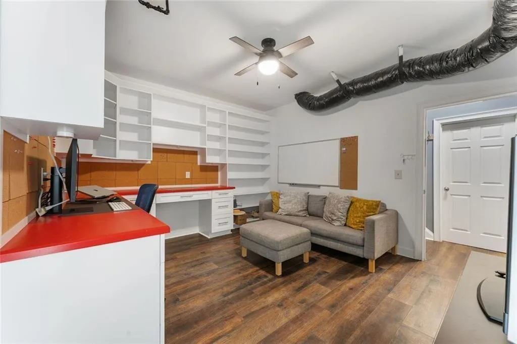 Pullout couch for bed and built-in office shelving