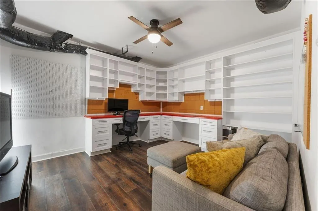 Pullout couch for bed and built-in office shelving