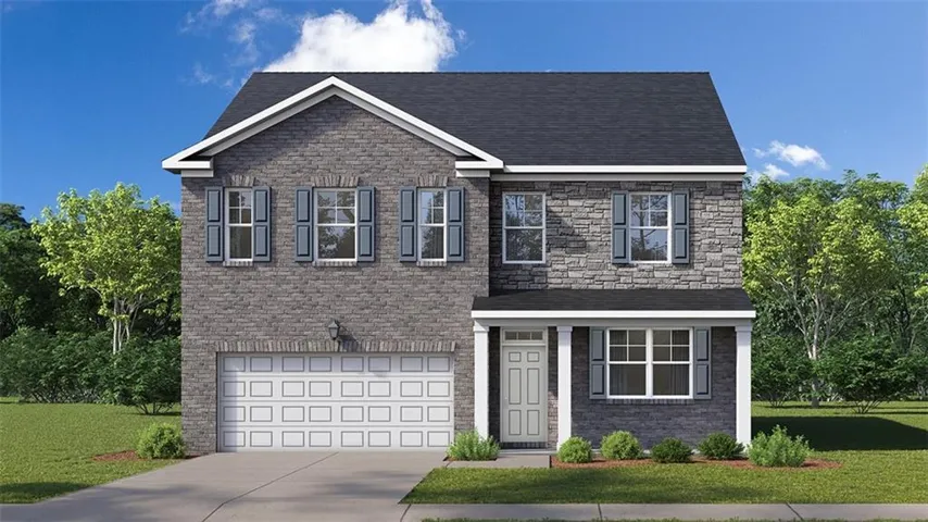 Two-story residence featuring a gray stone facade, a dark shingle roof, and white trim accents