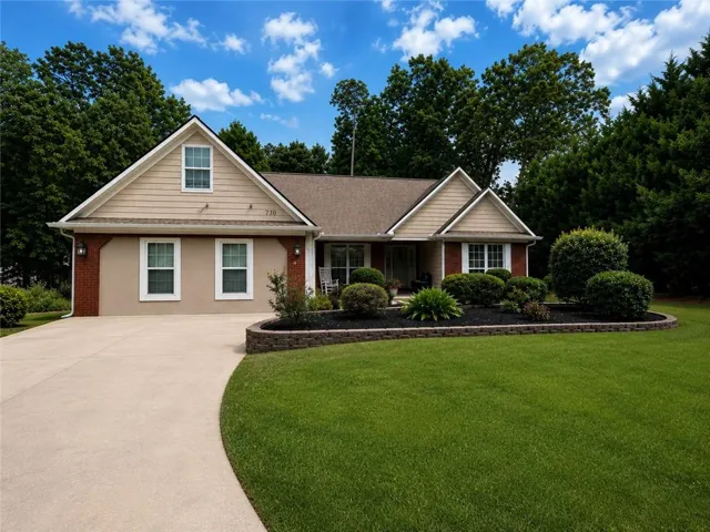 Single-story residence featuring a gabled roofline, stone veneer accents, and a curved concrete driveway
